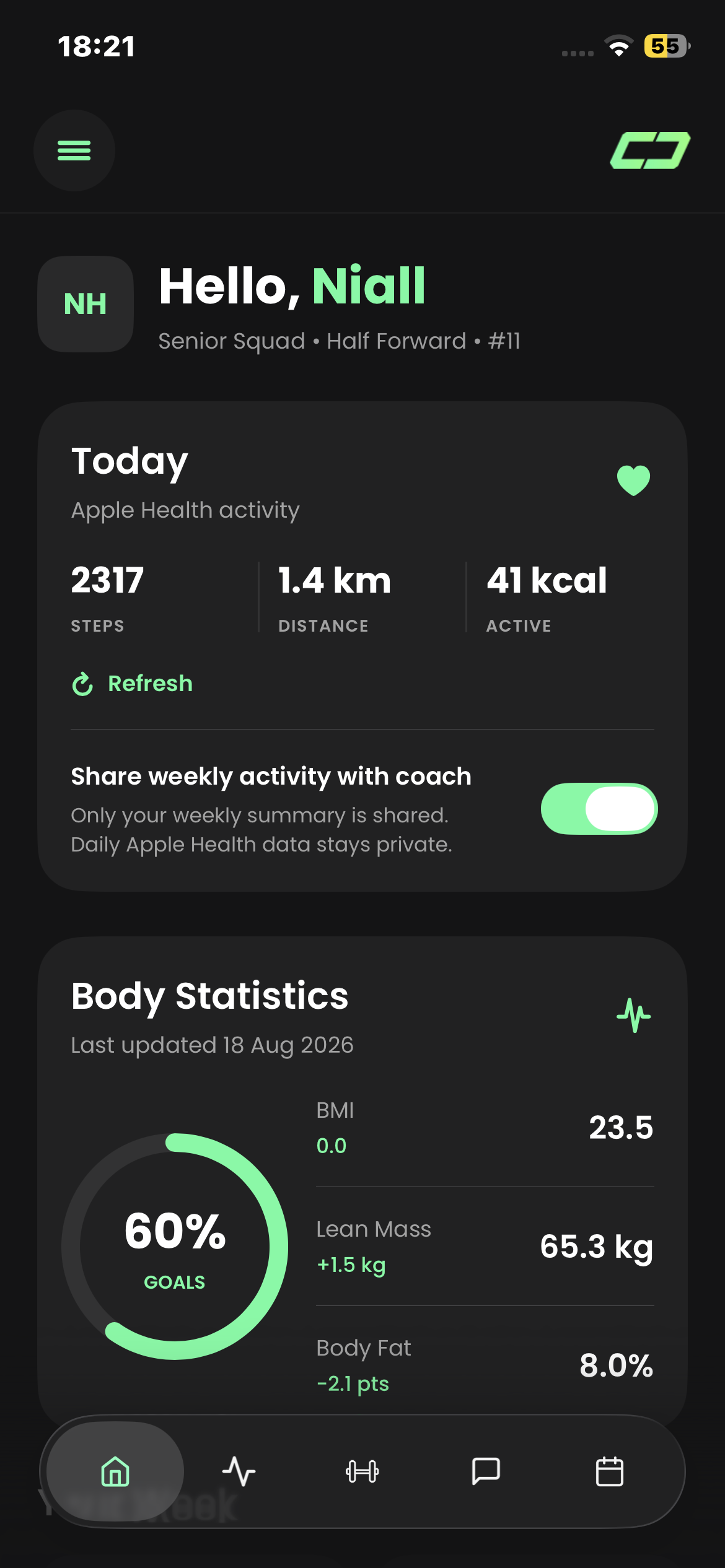 Coach Clock app home screen